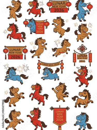 Collection of cartoon horses in various poses and colors.