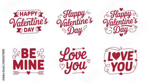 Collection of red valentine's day phrases and symbols with hearts and arrows on white background for love and romance