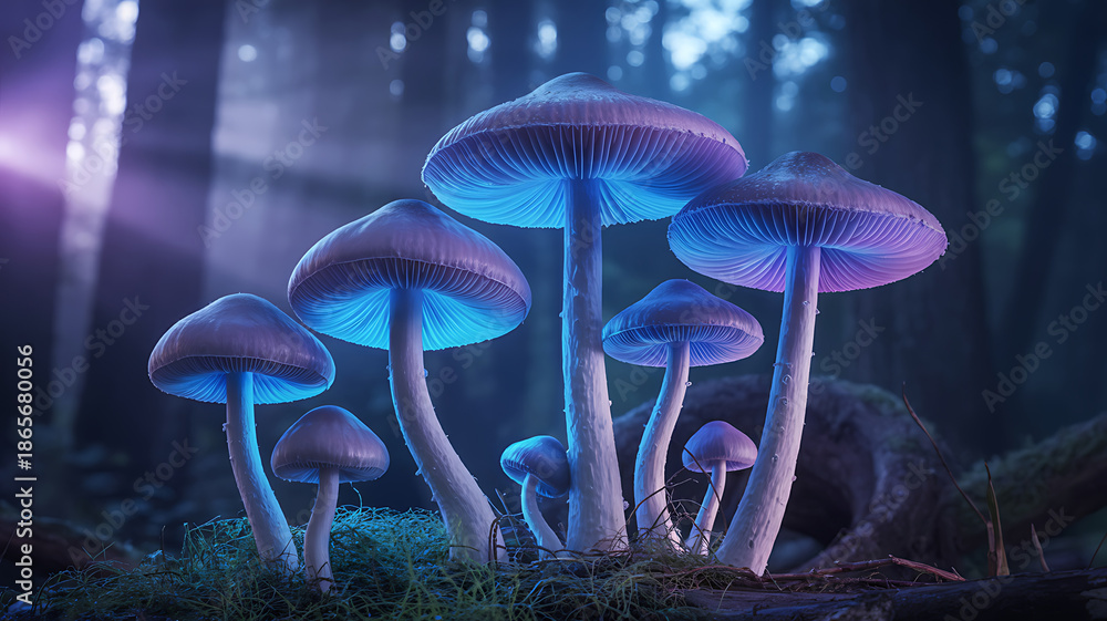 Fototapeta premium Glowing blue mushrooms in a dark forest scene on transparent background