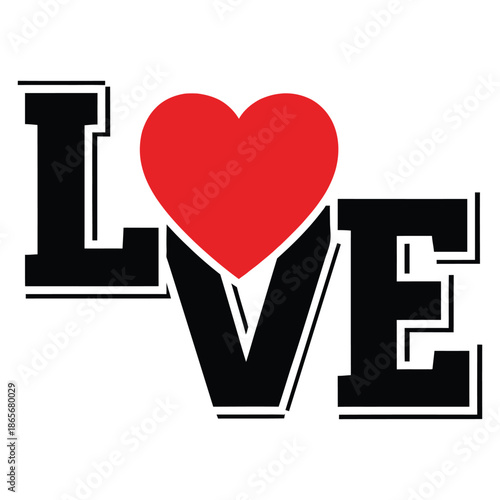 Iconic bold graphic design spells out the word love featuring a vibrant red heart replacing the letter o for romance and affection celebration designs
