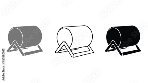 Three simple drum illustrations in grey, outline, and black variations on a white background