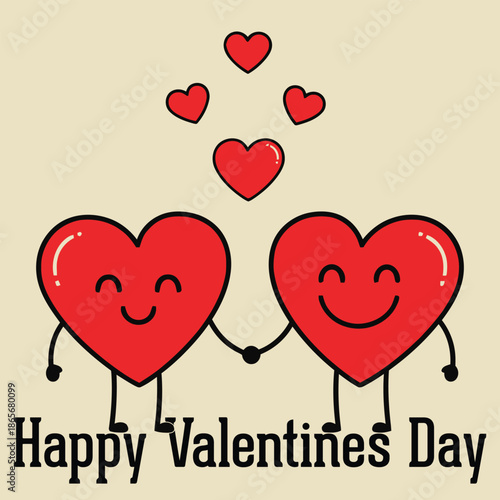 Adorable cartoon illustration featuring two happy red hearts holding hands together above the celebratory text wishing everyone a happy valentine’s day occasion