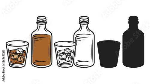 Selection of clear and opaque bottles and glasses with ice cubes, representing beverage choices