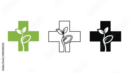 Green sprout growing from a medical cross, symbolizing health and nature