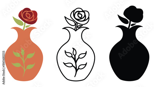 Elegant vase with a single rose in three distinct styles: colored, outlined, and silhouette.
