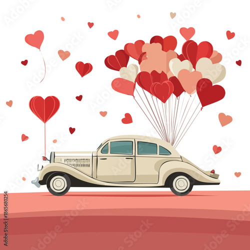 Valentine’s Day Love Car Illustration — Romantic Flat Vintage Automobile with Heart Balloons