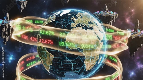 A digital illustration of a globe surrounded by swirling rings with financial data in a space background with stars.