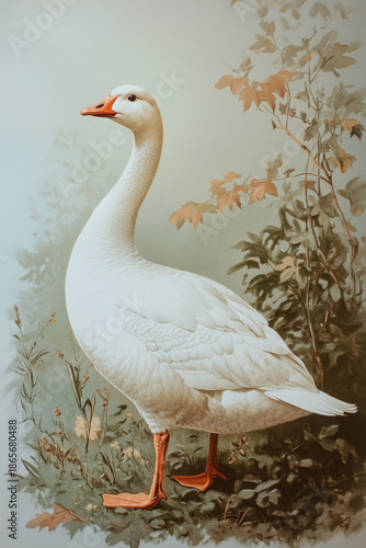 White goose standing in vintage botanical scene with soft foliage and warm autumn tones, serene posture and textured feathers conveying calm natural elegance