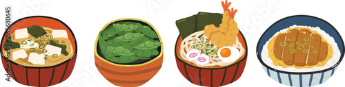 et of Japanese Food Ramen, Katsudon, Edamame and Miso llustration