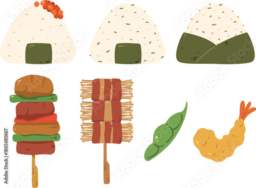 Set of Onigiri, Yakitori and Edamame Japanese Food Illustration