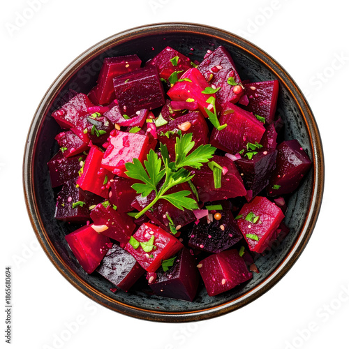 Overhead View of Vibrant Beetroot Salad in a Dark, Textured Bowl Isolated White Background