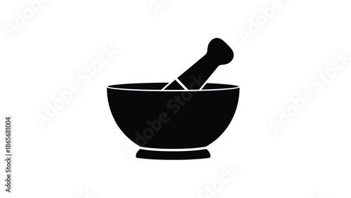 Simple black silhouette of a mortar and pestle on white background