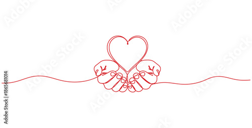Continuous one line drawing depicting cupped hands carefully offering and protecting a delicate heart shape symbolizing abstract care generosity and affection