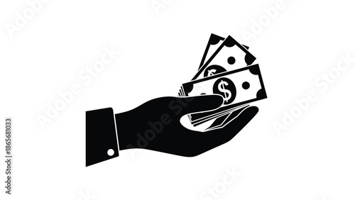 A hand holding dollar bills in a simple black and white illustration