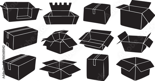 Collection of black cardboard boxes in various states and positions
