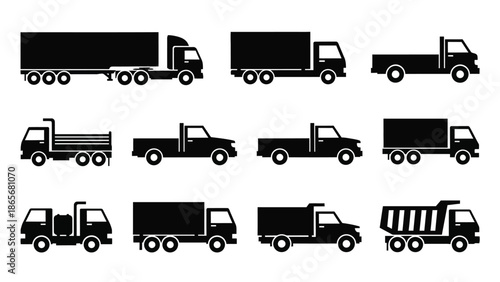 collection of various black truck silhouettes on white background