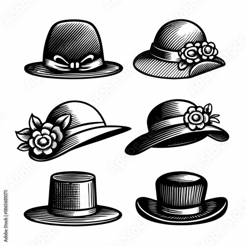black and white illustration of various vintage hats