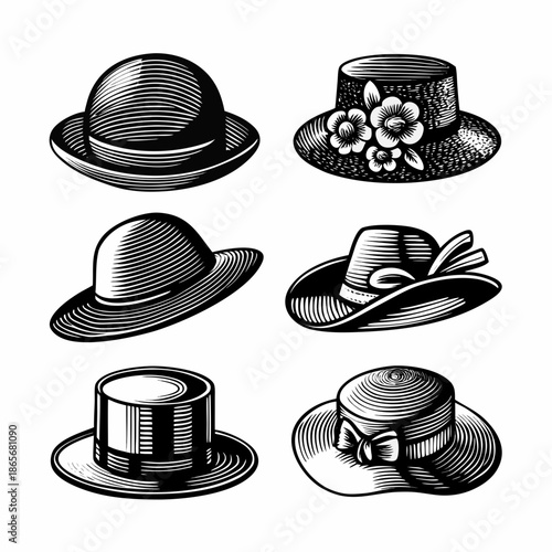 a set of six different hats with various styles and designs
