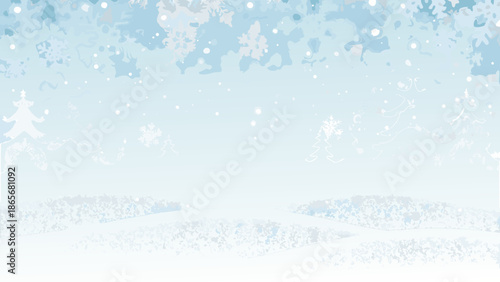a serene winter scene with snowflakes gently falling on a snowy landscape