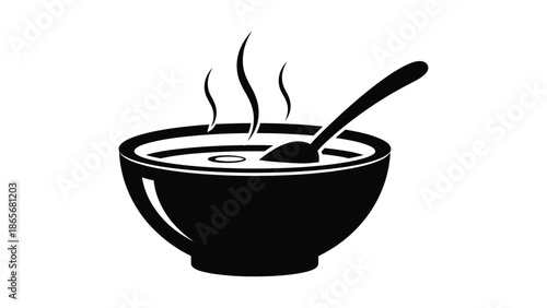 a black and white image of a bowl of soup with a spoon