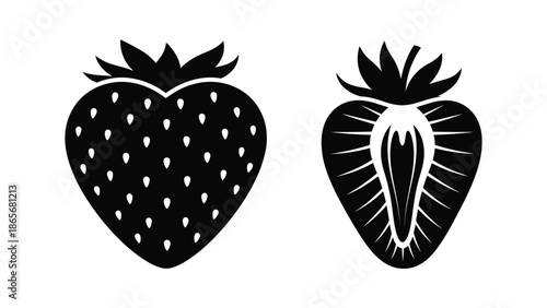 black and white illustrations of whole and sliced strawberries