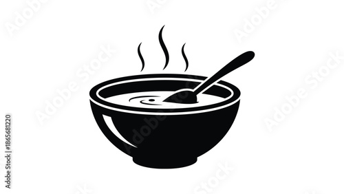 a black and white image of a steaming bowl of soup
