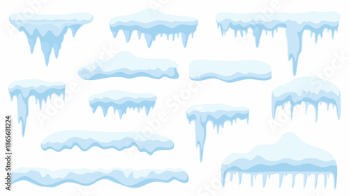 a set of cartoon icicles and snow drifts on white background