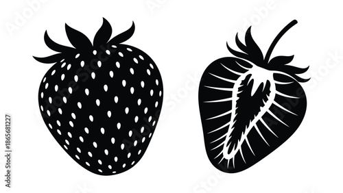 Two black and white strawberry silhouettes side by side