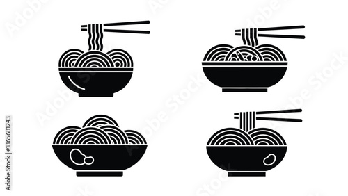 four black and white bowls of noodles with chopsticks