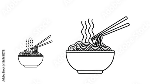 a black and white drawing of two steaming bowls of noodles with chopsticks