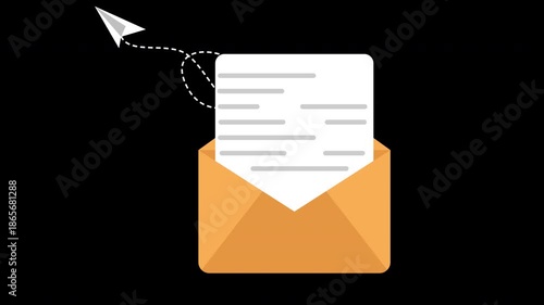 Open envelope with letter and flying paper plane email marketing loop animation