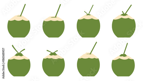 eight green coconuts with stems and brown tops