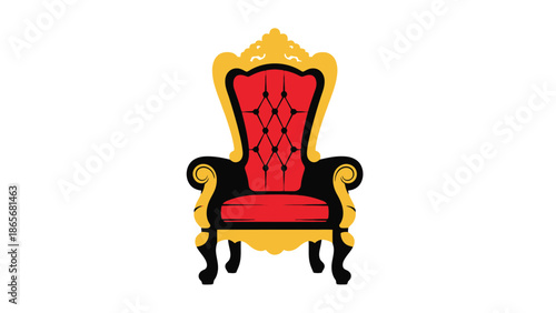 a red and gold throne chair with black trim and legs
