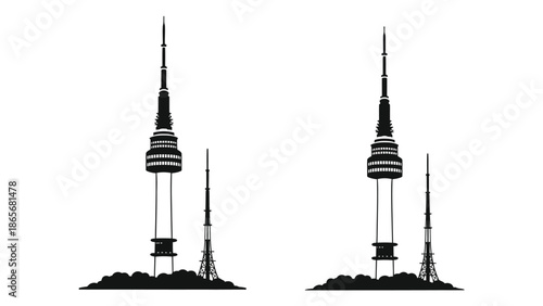 silhouette of two broadcasting towers with antennas on a white background