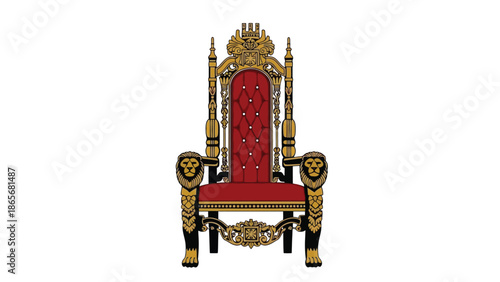 a large red and gold throne chair with lion heads on the armrests