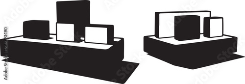 Black and white geometric shapes on platforms