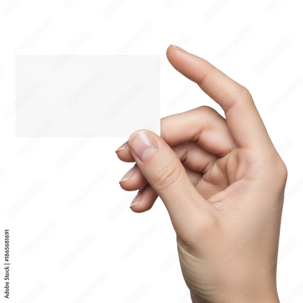 Obraz premium A hand holding a blank white business card isolated on transparent background
