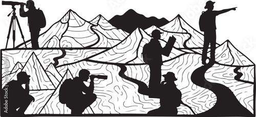 Surveyors at work in mountainous terrain with topographic map