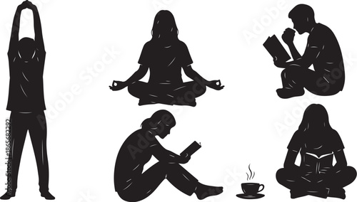 Silhouettes of people in various relaxation and leisure activities