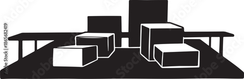 Geometric shapes on tables in black and white
