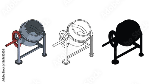 Versatile cement mixer in three distinct styles: realistic, line art, and silhouette