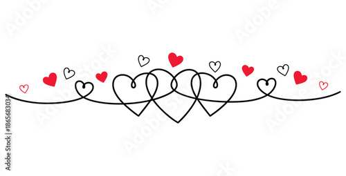 Continuous line art border design featuring three interconnected hearts and small floating red and outline hearts symbolizing eternal love and romance elements