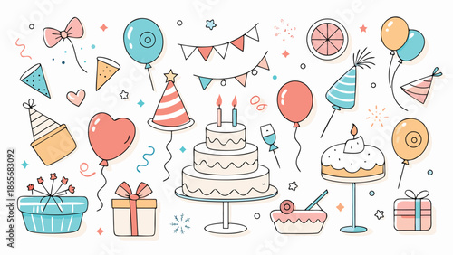 A decorative drawing of various items arranged in a seamless pattern, highlighting their unique shapes and colors..eps