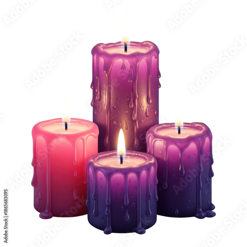 Four colorful candles with melted wax isolated on transparent background