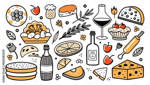 A detailed black and white illustration showcasing various food items, such as meats, cheeses, and produce..eps