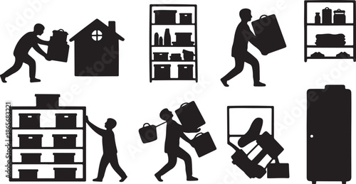 Moving day silhouettes with people and furniture