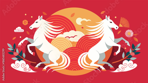 Two horses are positioned in front of a bold red backdrop..eps