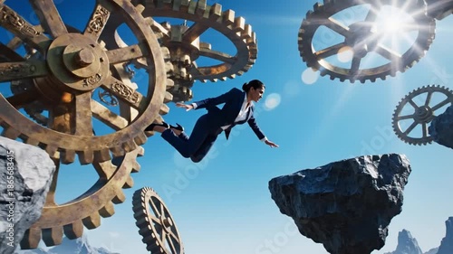 A man in a business suit jumps between large gears and rocks against a bright blue sky with sun rays.