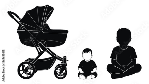 Silhouette of a baby stroller, a small child, and a larger child, representing family growth and stages of childhood.