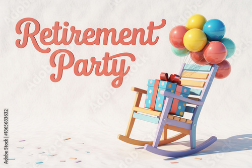 Vibrant retirement party scene with colorful balloons and gifts